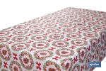 ROLLO DE MANTEL RESINADO ANTIMANCHAS LAZOS Y PIÑAS 75% ALGODÓN 25% POLIÉSTER 1,40 X 15 M
