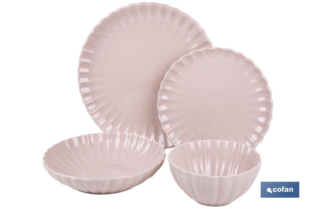 VAJILLA DE PORCELANA EN RELIEVE COLOR ROSA NUDE ESMALTADO 16 PIEZAS