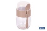 RECIPIENTE DE VIDRIO BEIGE CON TAPA Y CUCHARA 2 COMPARTIMENTOS 425 + 200 ML