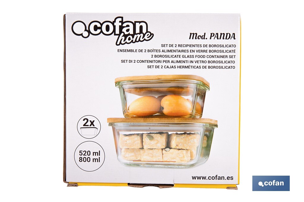 SET DE 2 RECIPIENTES DE BOROSILICATO CON TAPA DE BAMBÚ MODELO PANDA 520 ML - 800 ML - Imagen 4