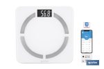 BÁSCULA DE BAÑO DIGITAL BLANCA CON PANTALLA LCD, USB Y MEDICIÓN IMC DE GRASA VISCERAL 30 X 30 X 2,2 CM