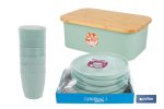 Pack de panera con tapa de bambú, 6 vasos de agua de 400 ml, 6 platos redondos | Disponible en color verde agua y beige