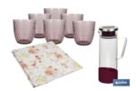 Pack de jarra de vidrio borosilicato, 6 vasos de vidrio y hule antimanchas | Disponible en diferentes colores y diseños