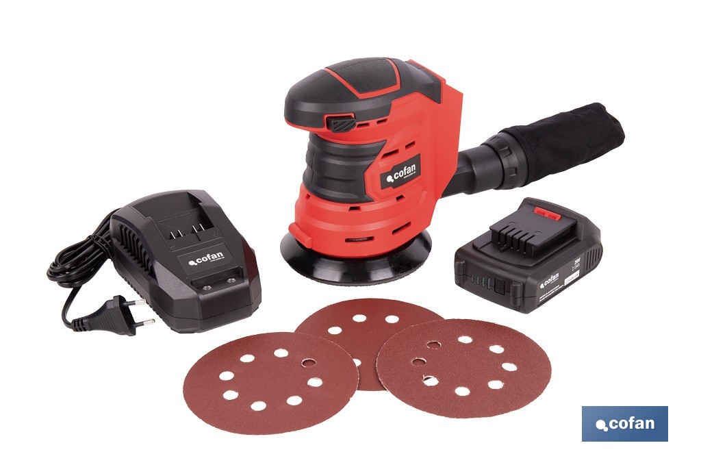 Lijadora orbital a batería | Velocidad de 10.000 rpm | Almohadilla de Ø125 mm con sistema de fijación por velcro | Disponible con y sin batería y cargador