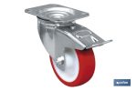 Rueda de poliuretano con freno y placa giratoria | Con cojinete liso | Para pesos de hasta 150 kg y diámetros de 80, 100 y 125 mm
